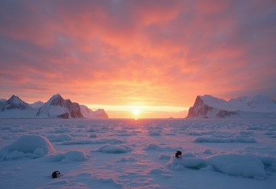 Serene antarctic sunrise over icy landscape and mountains