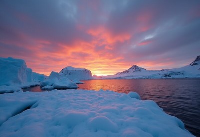 Beautiful sunset over icy landscape in winter