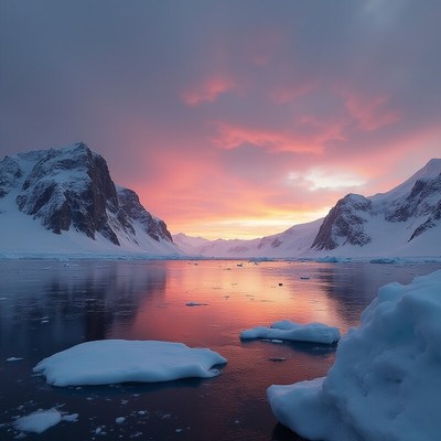 Sunset over icy mountains and calm water
