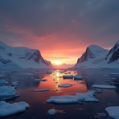 Sunset over icy landscape with mountains and water