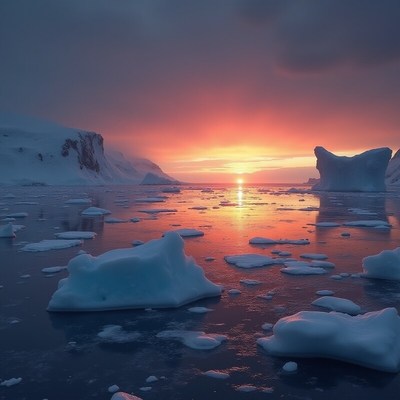 Evening glow over icy waters in a polar landscape