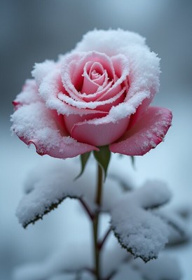 Pink rose covered in snow during winter season