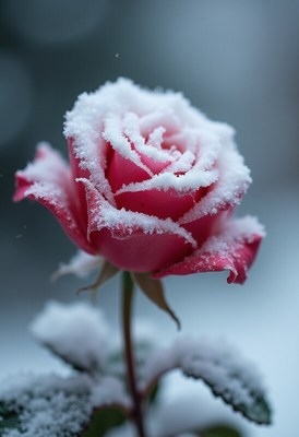 Snowy pink rose captures beauty in winter landscape