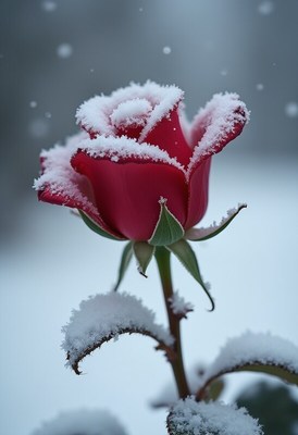 Red rose covered in snow during winter morning