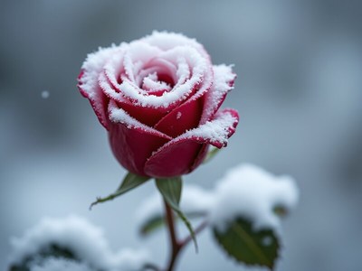 Vibrant rose covered in snow in winter landscape