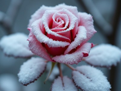 Pink rose covered in snow on a winter morning