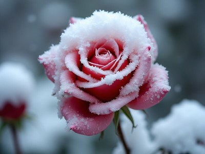 Pink rose covered in snow during winter season