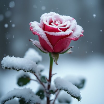 Snow-covered pink rose in winter landscape