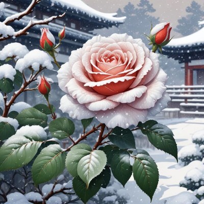 Beautiful rose covered in snow near traditional structure