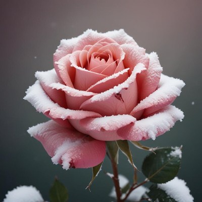Snowy pink rose blooms in winter garden setting