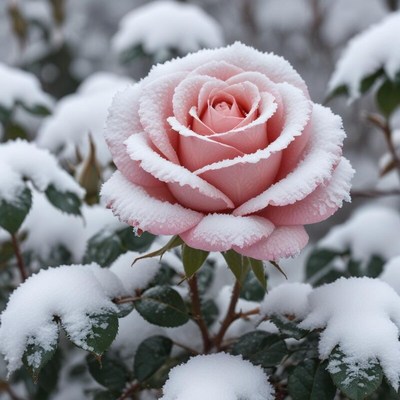 Beautiful pink rose surrounded by snow in winter