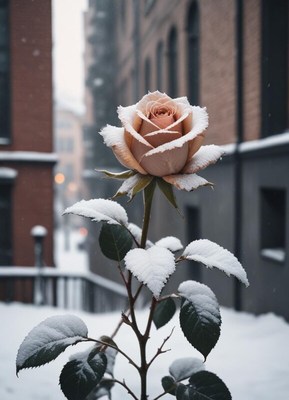 Snow-covered rose stands in a winter city setting