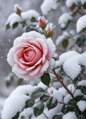 Pink rose covered in snow during winter season