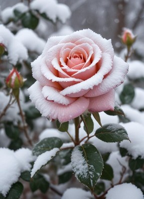 Snow-covered pink rose blooms in winter garden scene