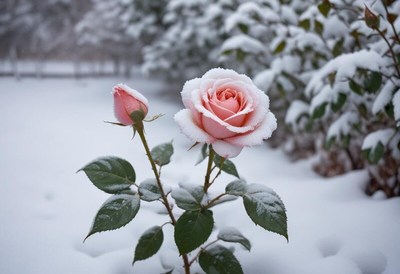 Pink roses covered in snow during winter season