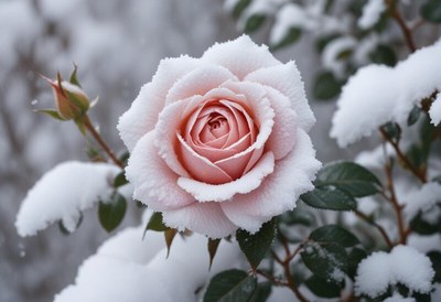 Pink rose covered in snow during winter season