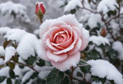 Pink rose covered in snow in winter garden setting