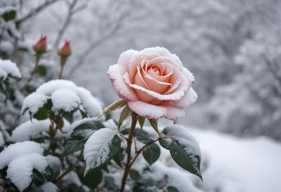 Pink rose covered in snow during winter season