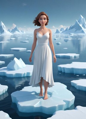 Young woman in a white dress standing on icebergs