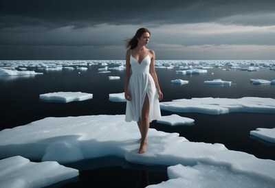 Woman walking on ice in a serene arctic landscape