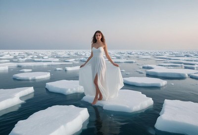 Woman in white dress walking on icebergs at sunset