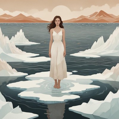 Woman standing on ice in serene landscape at sunset