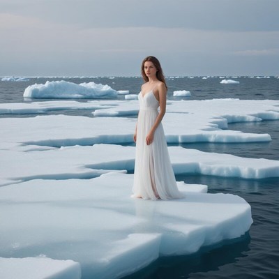 Woman in white dress standing on ice in calm sea