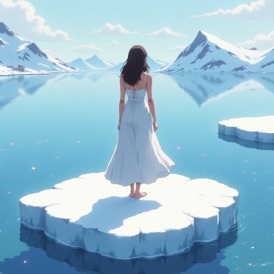 Woman stands on ice floe amidst tranquil mountain lake scene