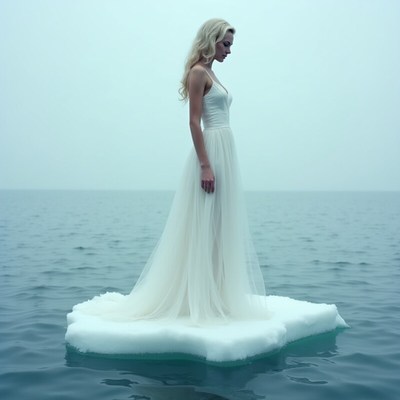 Woman in white dress stands on ice in peaceful water