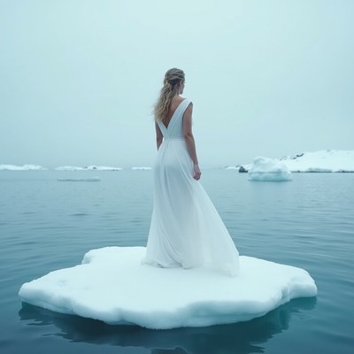 Woman in white dress stands on ice floating in calm sea