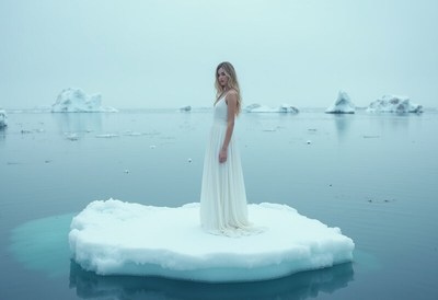 Woman in white dress standing on ice in arctic waters