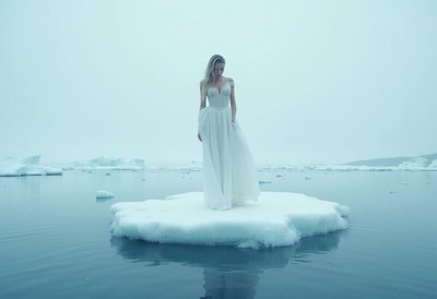 Elegant figure stands on ice in serene icy landscape