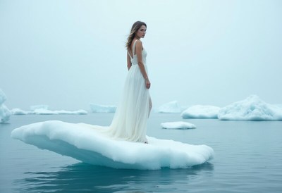 Woman in white dress on iceberg