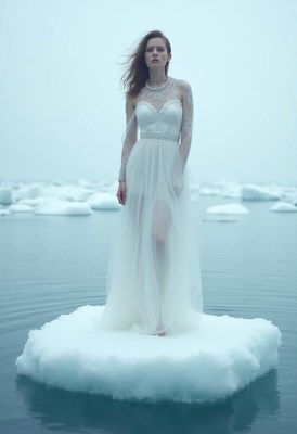 Model wearing a dress stands on ice in a chilly setting