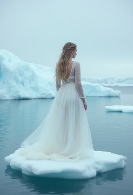 Elegant woman in white dress stands on ice floe
