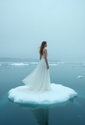 Bride standing on ice in a serene winter landscape