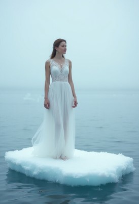 Bride stands on ice floe in serene ocean setting