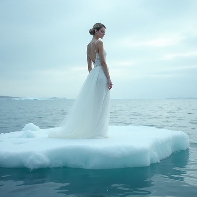 Bride standing on ice in calm waters at dawn
