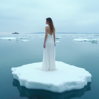 Woman in white dress stands on ice floe in calm waters