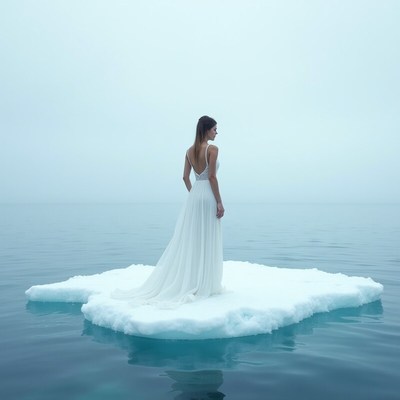 Bride stands on ice floe in serene ocean setting