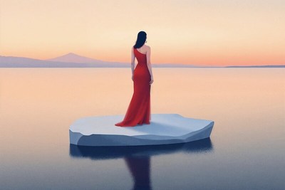 Woman in a red dress standing on a small ice floe