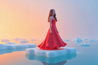 Woman in red dress stands on ice against pastel sky