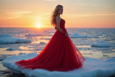 Woman in red dress standing on ice during sunset