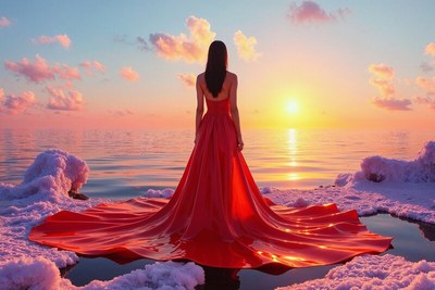 Woman in red dress embraces sunset over calm water