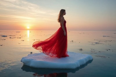 Woman in red dress stands on ice at sunset