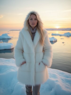 Woman in warm coat by icy water at sunset