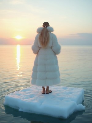 Woman in white coat stands on ice at sunset over water