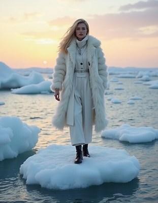 Model strolls on icy island at sunset in chic wear