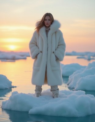 Woman stands on ice with sunset view in cold landscape