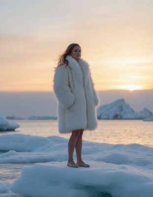 Woman stands on ice in white coat at sunset near water